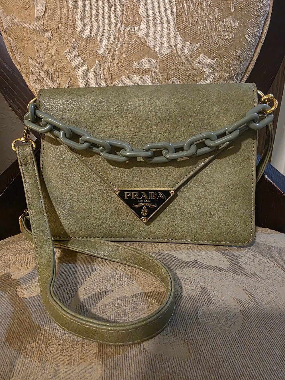 PRADA Green Chain-Accent Crossbody Bag
